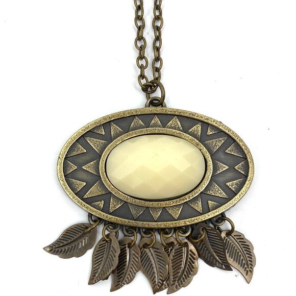 Gold Tone Cream Geometric Oval Aztec Boho Western Long Pendant Necklace Costume - Picture 2 of 4